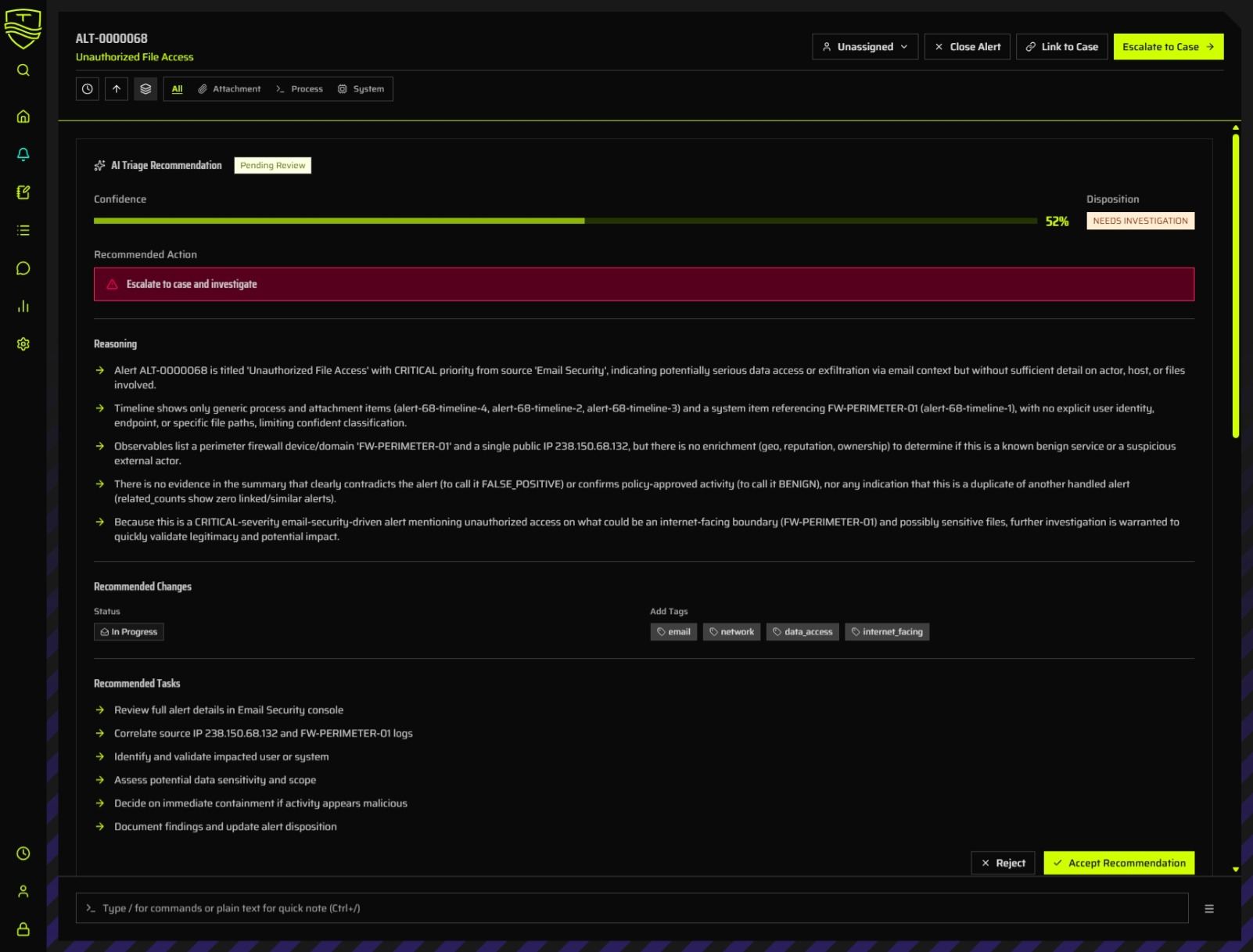 Dark-theme Tidemark Intercept alert detail view with AI triage reasoning, confidence, recommended tags, and investigation tasks.