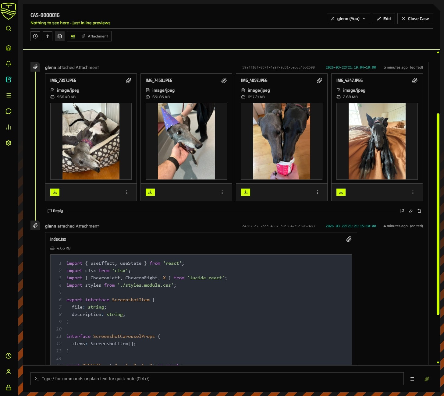 Dark-theme Tidemark Intercept case view showing attachment timeline items with inline preview cards for images and code files.